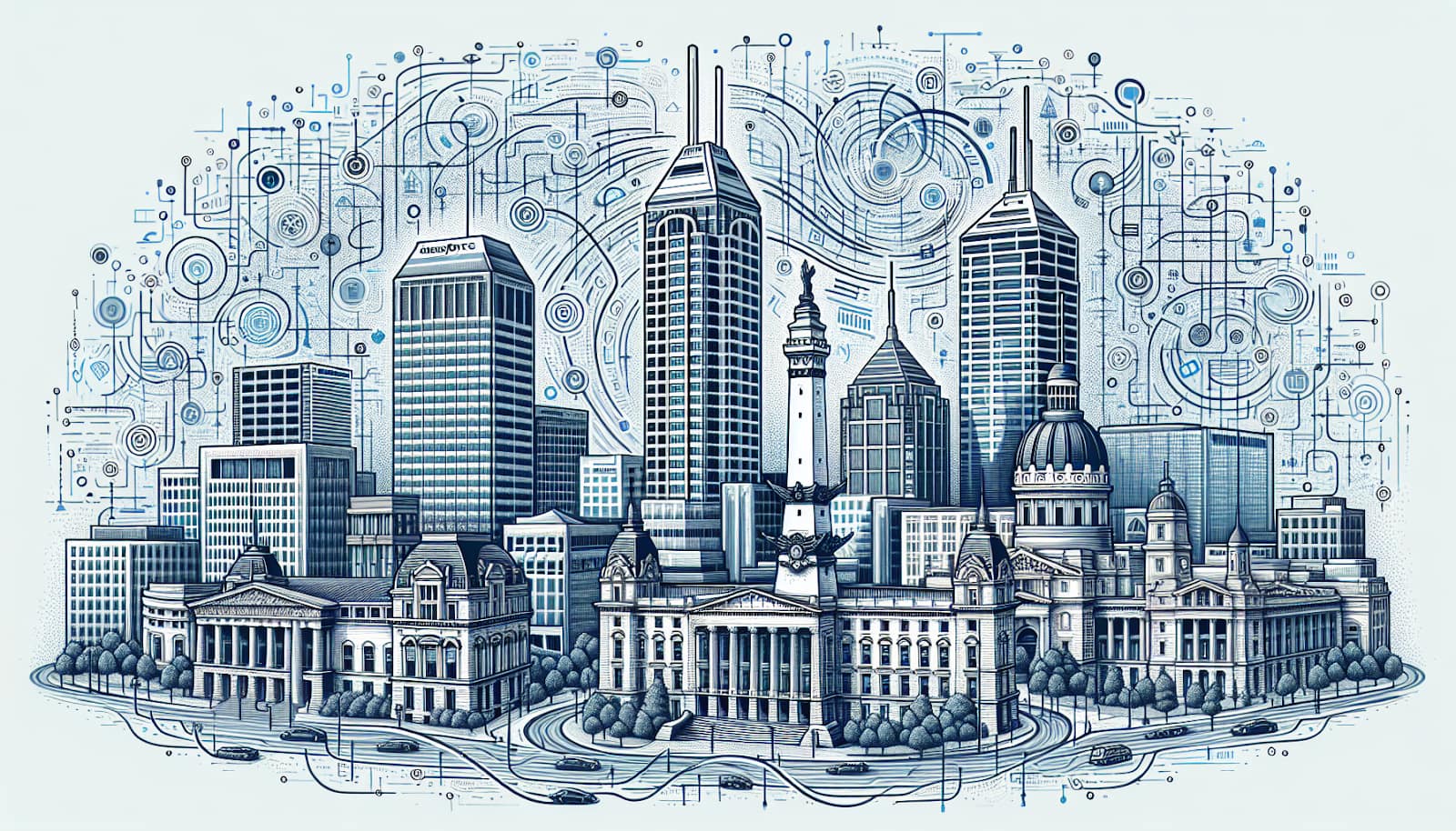 Illustration of Indianapolis skyline with search engine optimization keywords in the background