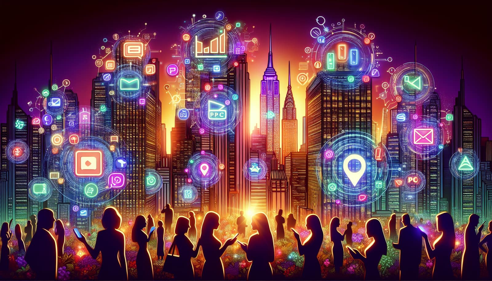 Illustration of New York City skyline with online advertising icons